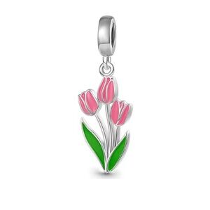 Elegant Silver Tulip Charm with Pink and Green Accents